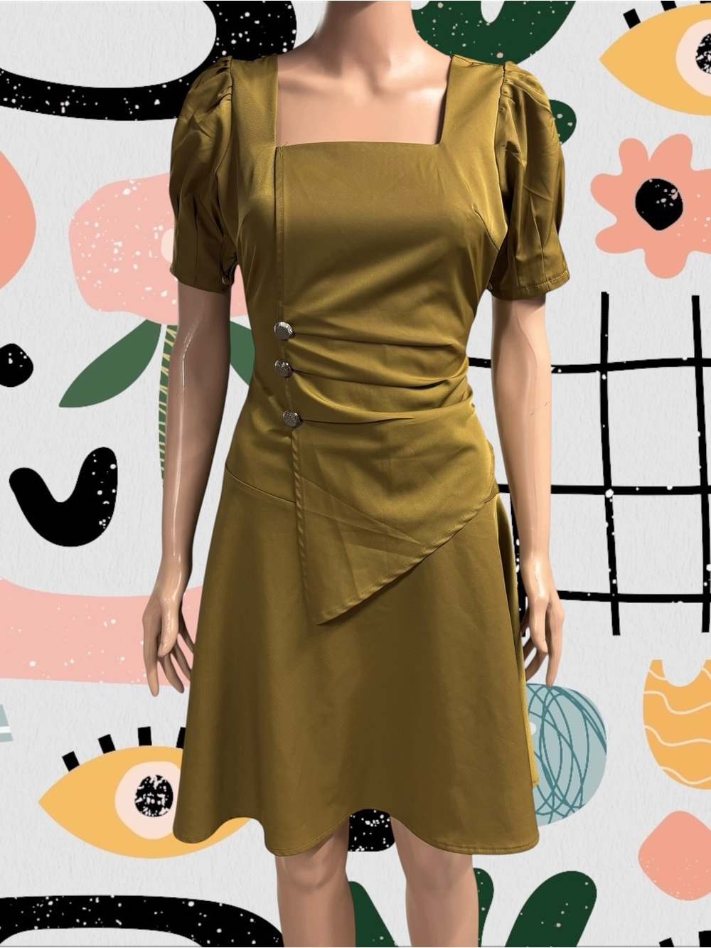 Mau | Retro Pea Green Ruched Button Accent Puff Sleeve Top